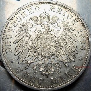 German States 5 Mark Silver Coin/big - 1908a/rare - Prussia - Berlin,  Germany - Km523 photo