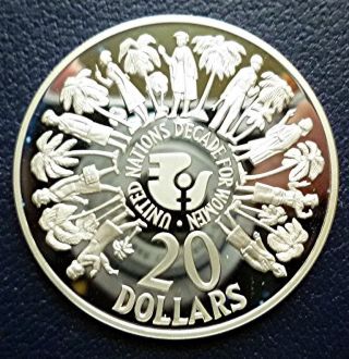 1985 Belize British Honduras - 20 Dollars - Decade For Women - Rare Proof Silver photo