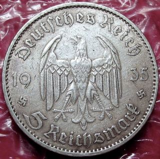 1935 - A Germany 5 Reichsmark.  Potsdam Garrison Church.  90 Silver.  Strong Detail photo