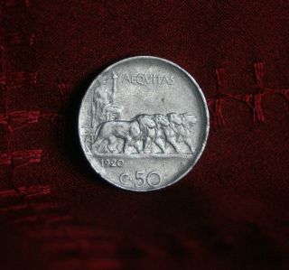 50 Centesimi 1920 R Italy World Coin Km61.  1 Four Lions Aequitas Animals photo