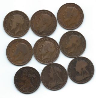 1862 Great Britain Penny Xf Patina,  Plus 2 More Victoria,  6 George V = 9 Pennies photo