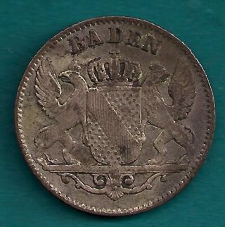 1848 Baden German States 6 Kreuzer.  3330 Silver / Net.  0278 Oz.  Germany Coin photo
