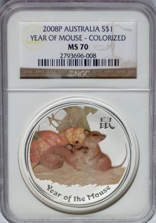 Ngc Registry Ms70 2008 Australia Year Of The Mouse $1 Colorized Lunar Silver 1oz photo