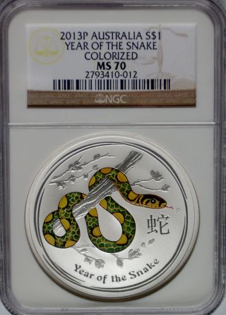 Ngc Registry Ms70 2013 Australia Year Of The Snake Lunar Colorized $1 Silver 1oz photo