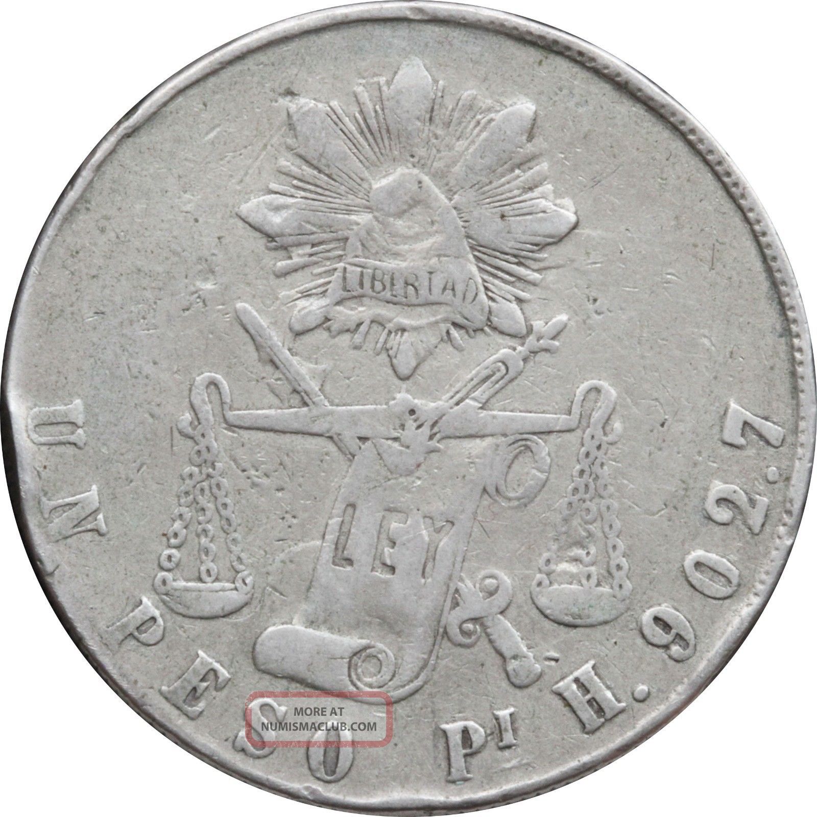 Mexico 1 Peso Pi 1873 H Potosi, Balance Scale.