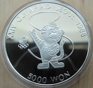 Korea - South 5000 Won,  1986,  Silver,  1988 Olympics,  Tiger Mascot photo