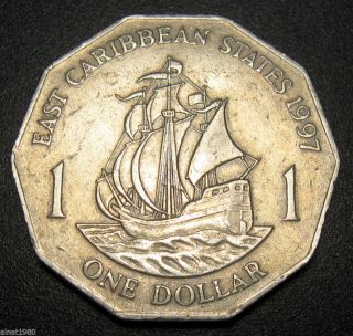 British East Caribbean States 1 Dollar Coin 1997 Km 20 Sailing Ship photo