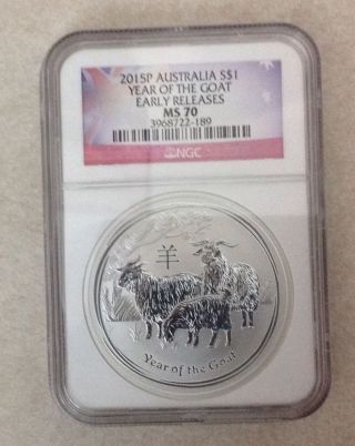2015 - 1 Oz Year Of The Goat Australia Ngc Ms 70 Early Releases Silver Coin photo