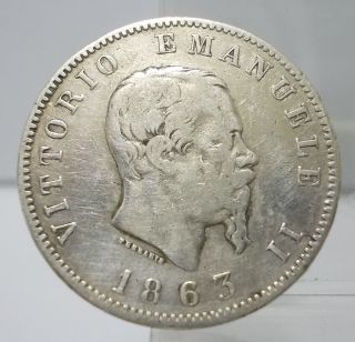 Italy 1863 - M Bn 1 Lira Silver Coin photo