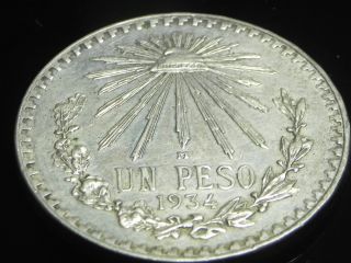 1934 Mexico 1 One Un Peso Silver Coin Cap And Rays photo