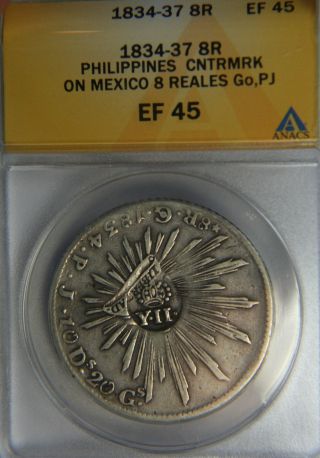1834 - 37 8 Reales Philippines Countermark On Mexico 8r Go,  Pj Anacs Ef45 photo