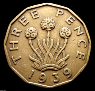 United Kingdom Gb,  1939 3 Pence George Vi Three - Headed ' Thrift ' Plant Detail photo