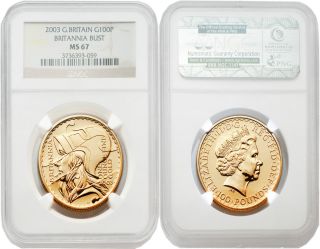 Great Britain 2003 Britannia Bust 100 Pounds 1 Oz Gold Ngc Ms67 photo