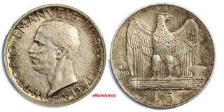Italy Silver 1930 R 5 Lire Edge 