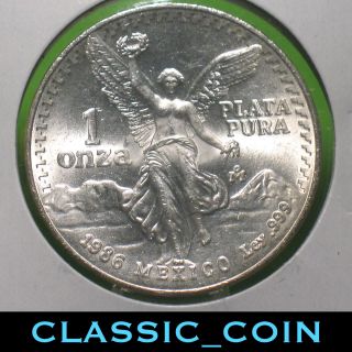 1986 Silver Mexico Onza Uncirculated.  999 Silver 1oz.  Fast, photo