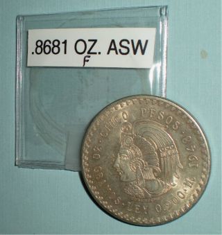 Mexico 5 Pesos Coin: 1948 ; 90 Silver.  8680 Oz.  Asw photo