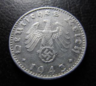 50 Reichspfennig 1943 J.  Authentic Nazi Coin.  Km 96.  Very Fine.  No 363 photo