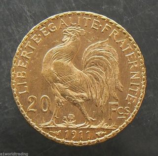 1911 France Rooster 20 Francs Gold Coin photo