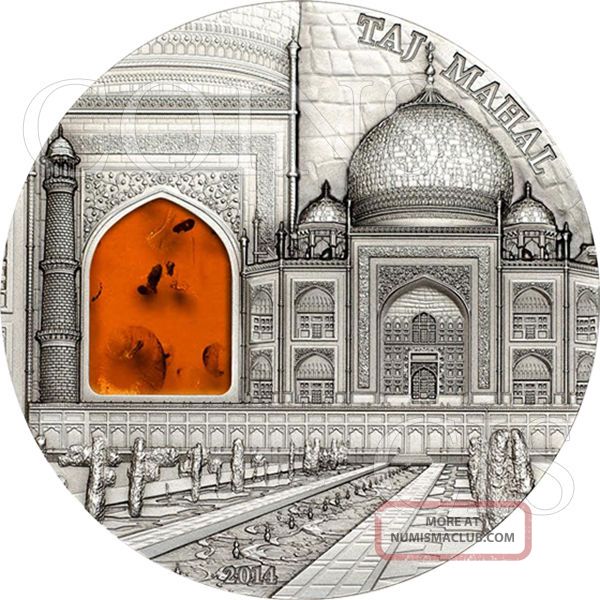 Palau 2014 10$ Mineral Art Taj Mahal 2oz Antique Finish Silver Coin Amber Insert Australia & Oceania photo