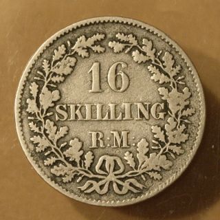 Denmark 16 Skilling 1856 - Vs (c) Fine / Fine,  Silver Coin - Frederick Vii photo