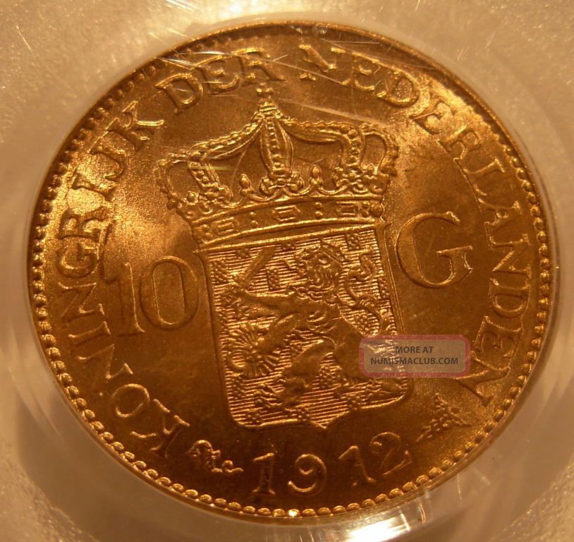 Netherlands 1912 Gold 10 Gulden Pcgs Ms - 66