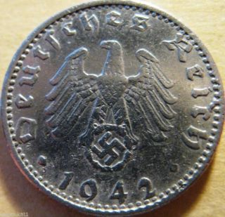 Nazi German 50 Reichspfennig 1942 - A Coin Third Reich Eagle Swastika Wwii photo