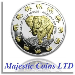 2014 Benin Elephant Protection De La Nature.  999 Silver 24 Karat Gold Gilded photo