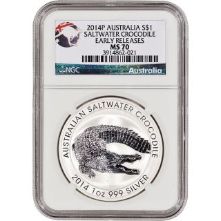 2014 - P Australia Silver Saltwater Crocodile (1 Oz) $1 - Ngc Ms70 - Early Releases photo