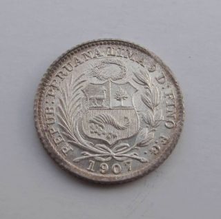1907 Peru 1/2 Dinero Silver Coin Seated Liberty South America Km 206.  2 Unc photo