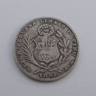Low Mintage 64,  000 Peru 1891 1/5 Sol Silver Coin Seated Liberty Km 205.  1 Scarce photo