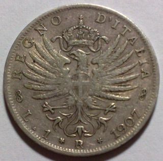 Italy 1 Lira 1907,  Silver Coin Vf,  /xf Rare photo