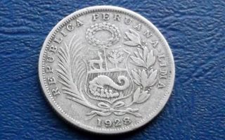 Silver 1928 Peru 1/2 Sol 5 Decimos Seated Liberty 30mm Circ Km 216 Coin 271 photo