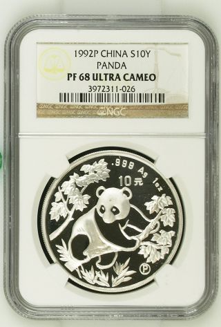 1992 China Silver10 Yuan Panda Proof,  Ngc Pf 68 Ultra Cameo photo