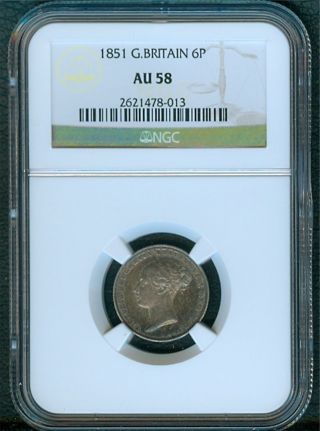 Great Britain 6 Pence 1851,  Ngc Au58 photo