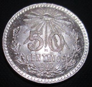 1943 Mexico 50 Silver Centavos Cap & Ray.  1929 Asw Brilliant Uncirculated photo