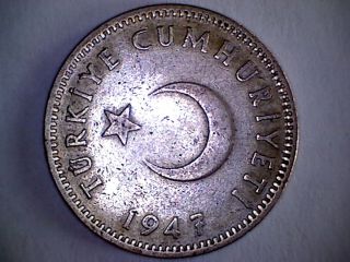 Turkey 1947 Silver 1 Lire Coin photo