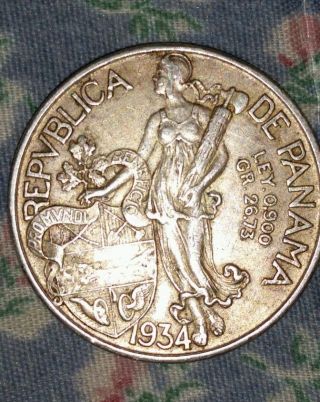 Panama 1934 Un Balboa Silver.  900 Coin photo
