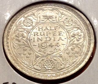 1944 1/2 Kg Vi Half Rupee Bunc Coin Half Silver British India (item 142) photo