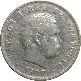 Ek // 500 Reis Silver Coin Portugal Monarchy 1907 Carlos I Vf photo