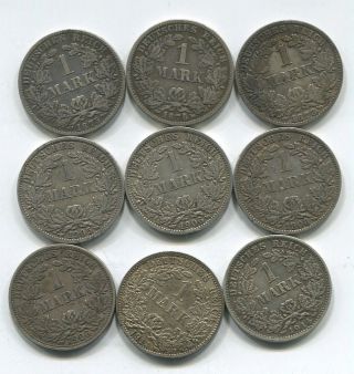 9 (nine) Old Silver Grade German Marks - 1875 To 1914 photo