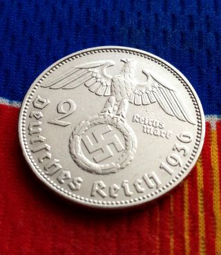 Wwii German 2 Mark Silver Coin 1936 J Third Reich Swastika Reichsmark photo