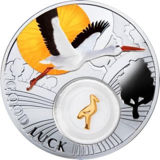 Niue 2014 1$ Stork Symbols Of Luck Silver Coin 24 Carat Gold Plated Insert photo