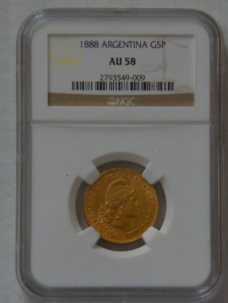 1888 Argentina 5 Pesos Gold Coin Ngc Rated Uncirculated Au 58 Brilliant photo