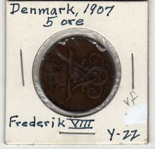 Denmark 5 Ore 1907 Bronze Vf Circulated photo