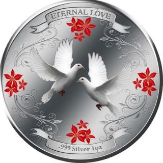 Niue 2011 2$ Eternal Love 2011.  999 Silver Coin Doves,  Wedding Anniversary Gift photo