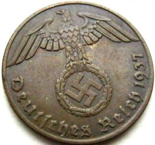 Ww2 German 1937 - A 1rp Reichspfennig 3rd Reich Copper Nazi Coin photo