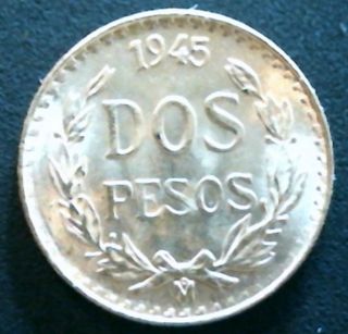 1945 Gold Dos Pesos Coin (mexico) W/free photo
