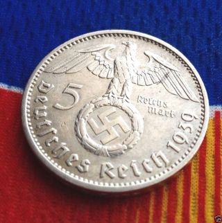 Extra Rare 1939 J Ww2 5 Mark 90 Silver German Third Reich Coin photo
