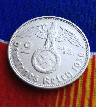 Ww Ii German 2 Mark Silver Coin 1936 E Third Reich Swastika Reichsmark 5 Star photo