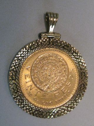 1959 Mexico 20 Pesos Gold Coin In Heavy 14kt Gold Bezel.  Awesome Piece.  30grams photo
